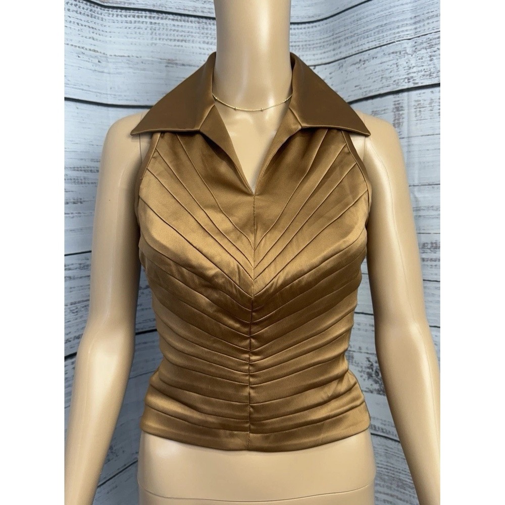Joseph Ribkoff Gold Satin Ruched Collared Halter Top Sz 4 Canada Made VTG Zip Up